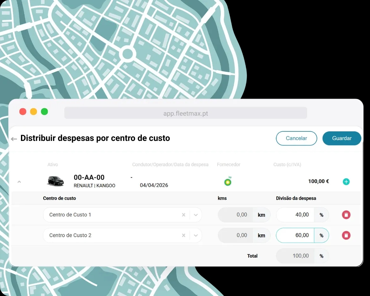Distribuição de despesas por centros de custo no Software de gestão de frotas FleetMax