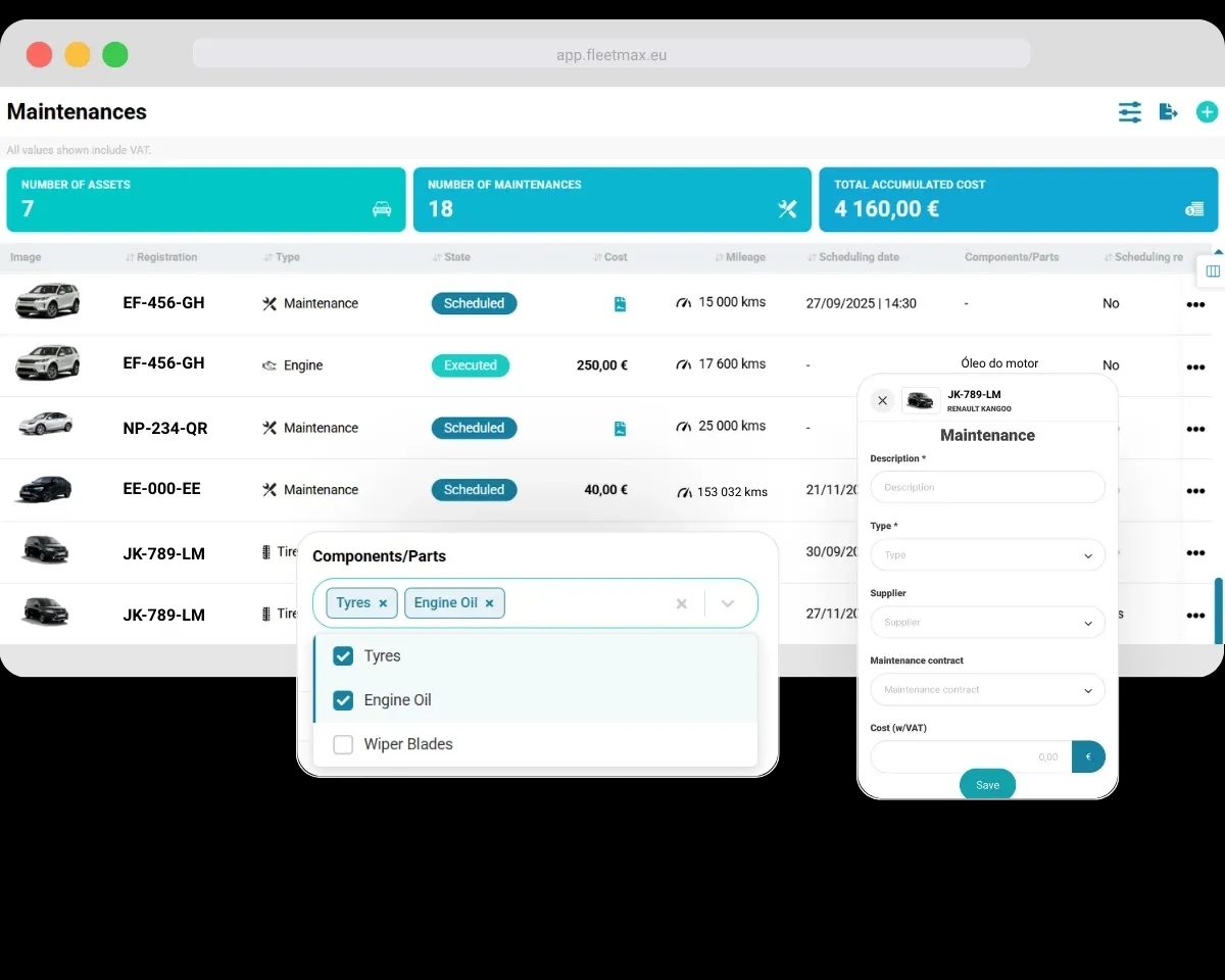 Upcoming fleet maintenance panel in FleetMax
