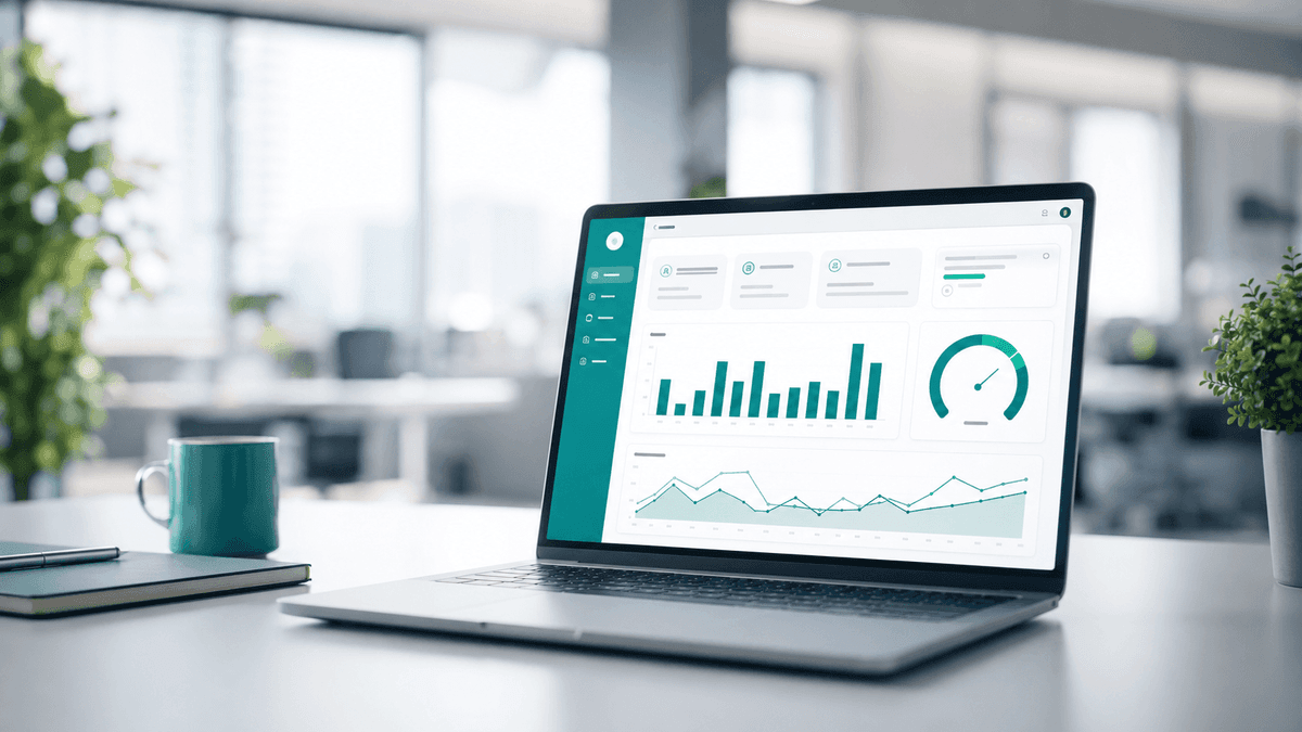 Logiciel de gestion de flotte affichant un tableau de bord de KPI sur un ordinateur portable