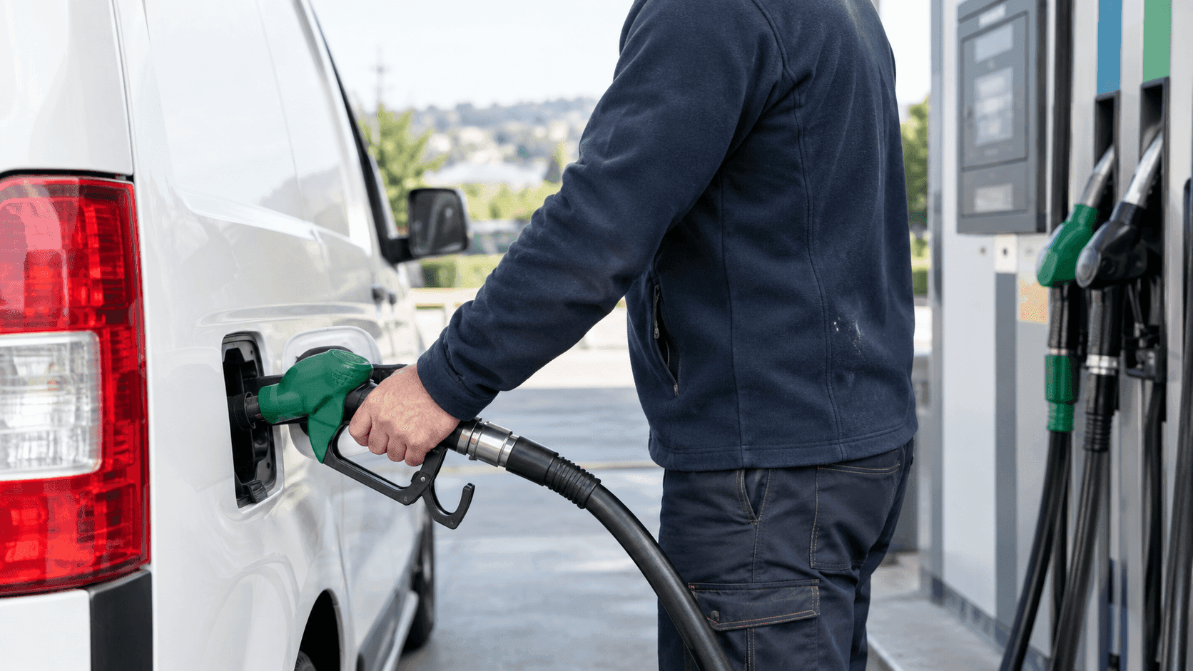 Conducteur faisant le plein d'un utilitaire d'entreprise dans une station-service