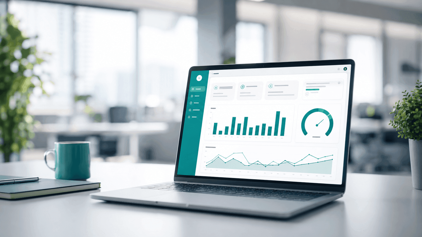 Software de gestão de frota a mostrar um painel de KPIs num portátil