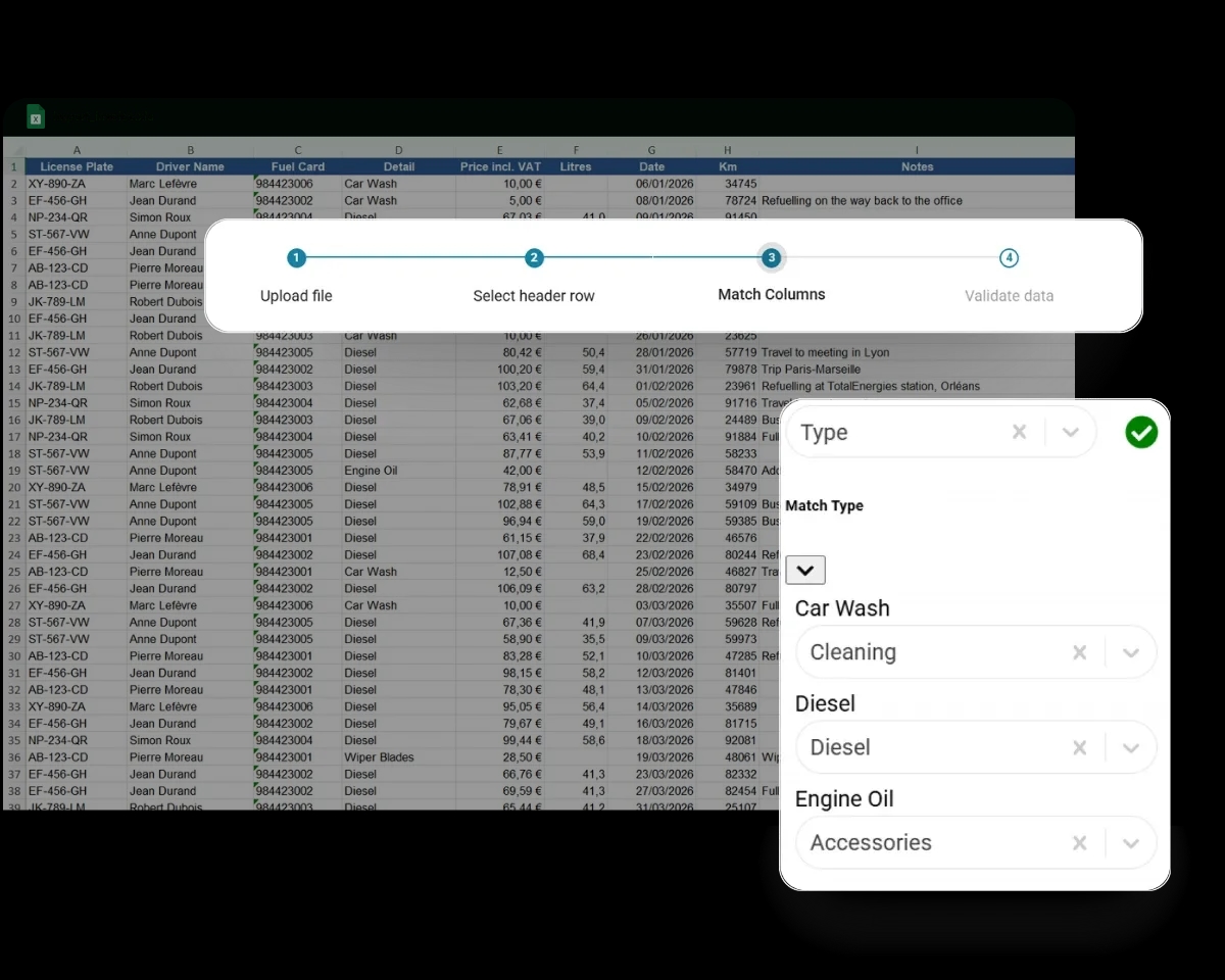 Excel expense import in FleetMax