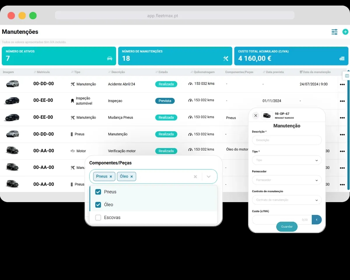 Painel de próximas manutenções dos veículos no Software de gestão de frotas FleetMax
