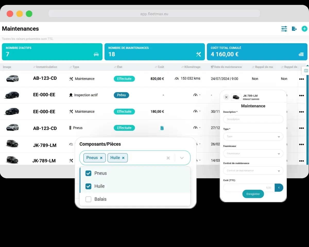 Panneau des prochains entretiens de la flotte dans FleetMax