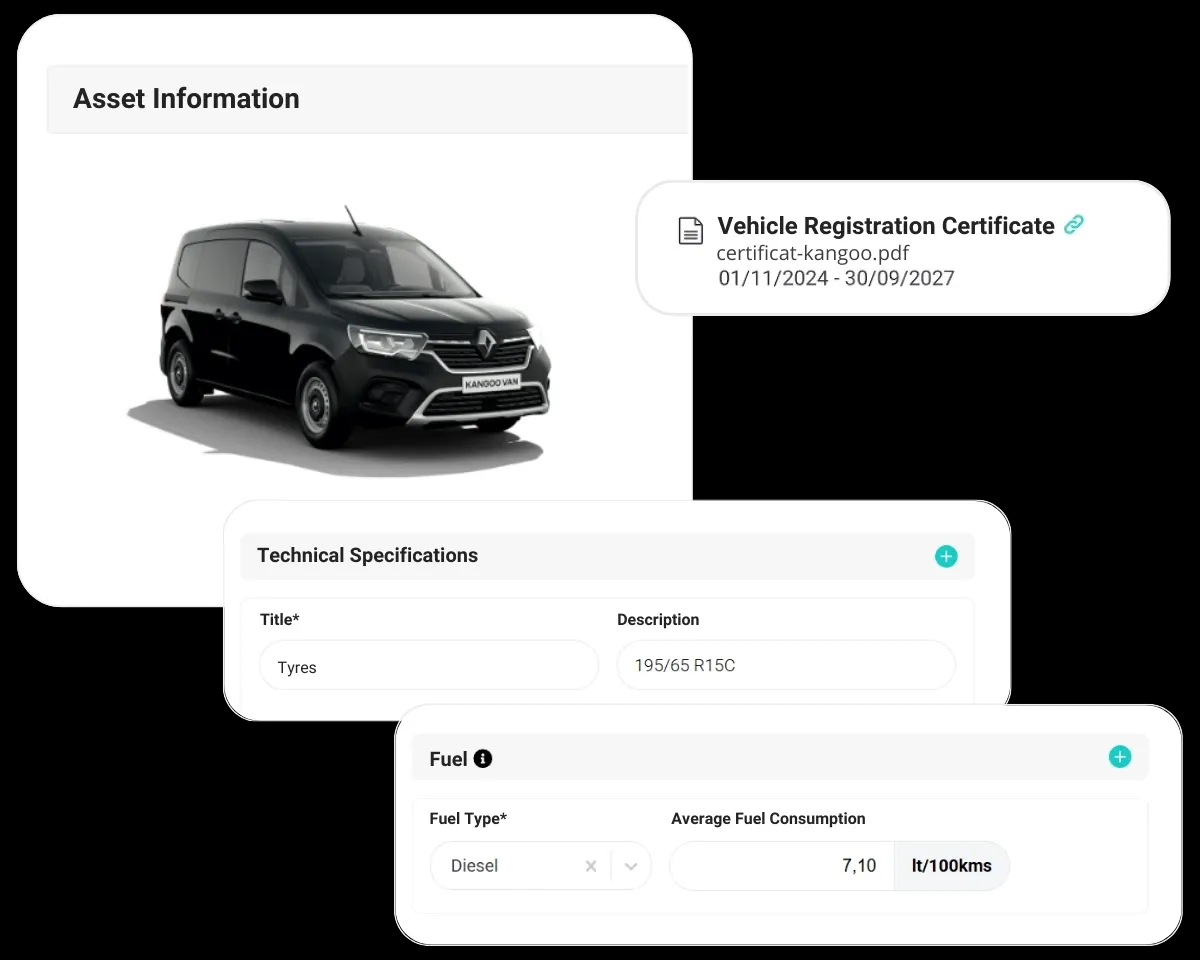 Vehicle technical sheet with detailed information in FleetMax