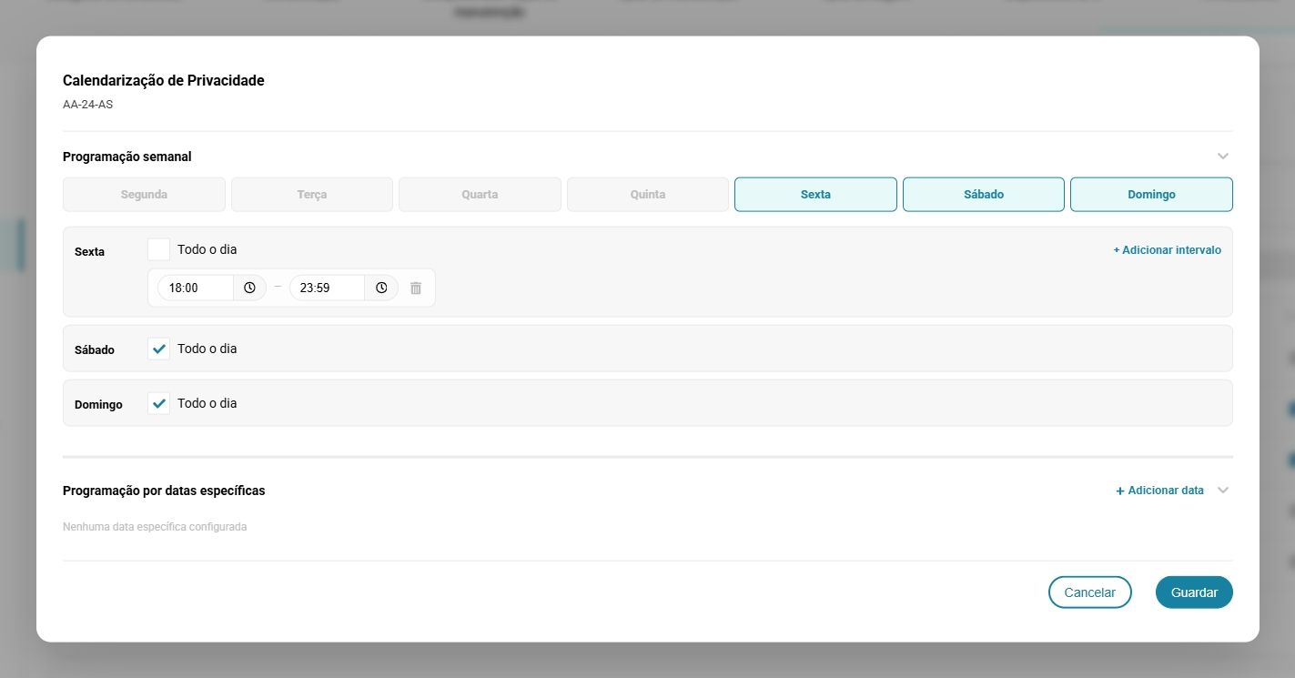 Painel de calendarização de privacidade do FleetMax, com horários sem recolha de localização GPS, em conformidade com o RGPD.