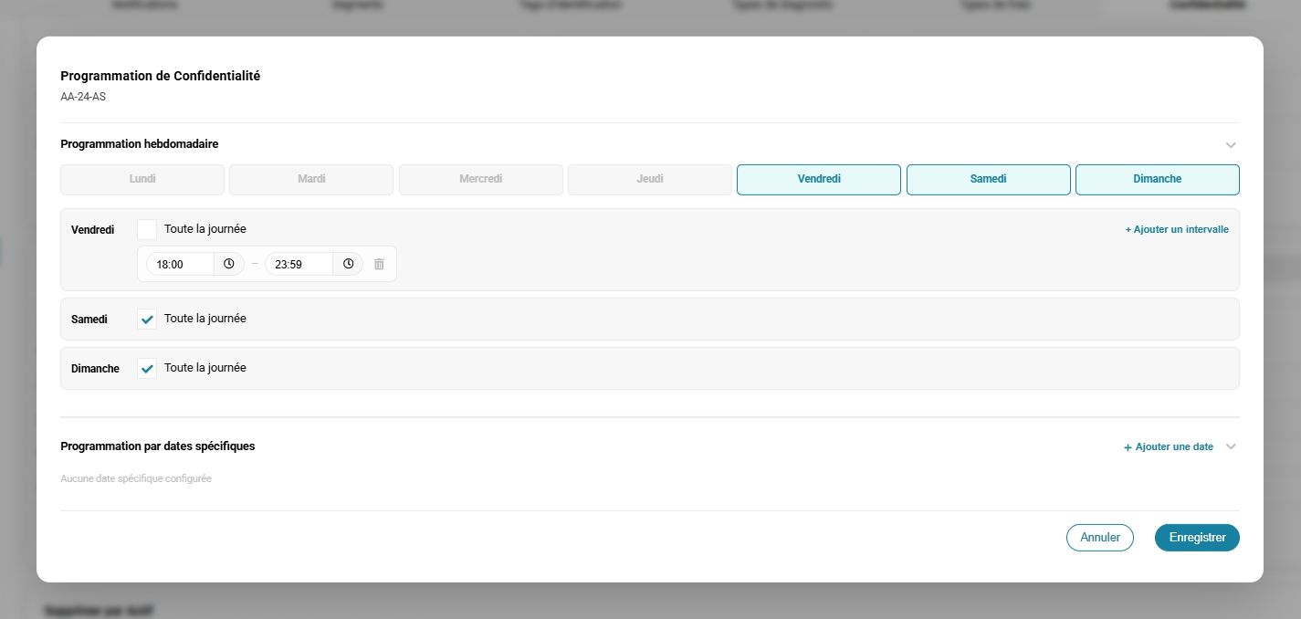 Panneau de planification de la confidentialité de FleetMax, avec des plages sans collecte de localisation GPS, conforme au RGPD.