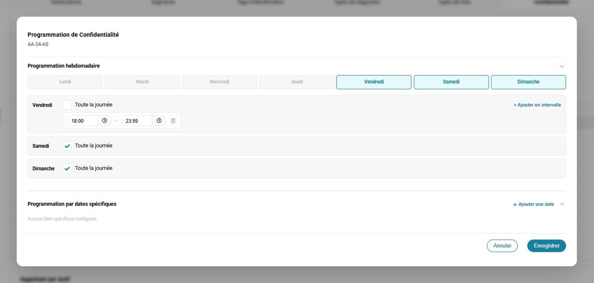Panneau de planification de la confidentialité de FleetMax, avec des plages sans collecte de localisation GPS, conforme au RGPD.
